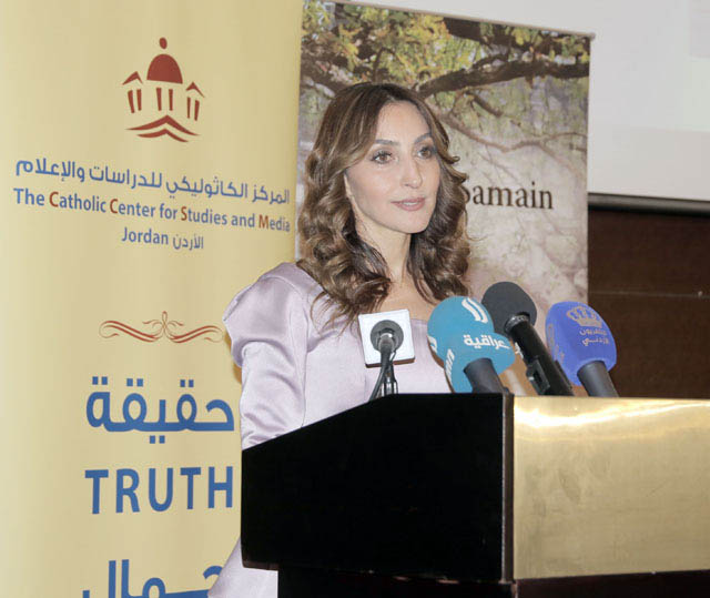 The Jordan Times’ reporter Rula Samain speaks during the launch of her book ‘Fortress of Peace — Jordan’s Interfaith Drive and Model of Coexistence' in Amman on Monday  (Photo by Osama Aqarbeh)